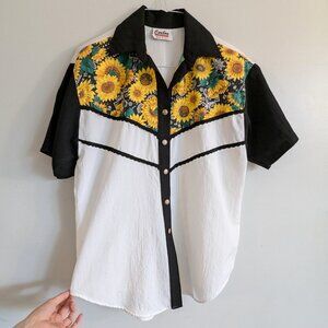 vintage 70s 80s button up western Caribou c'mon sports ric rac sunflower Medium